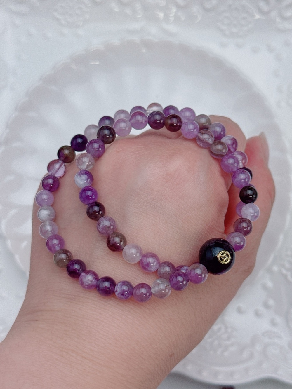 GB102 Handmade Amethyst Double Layers Stretchable Bracelet 13”